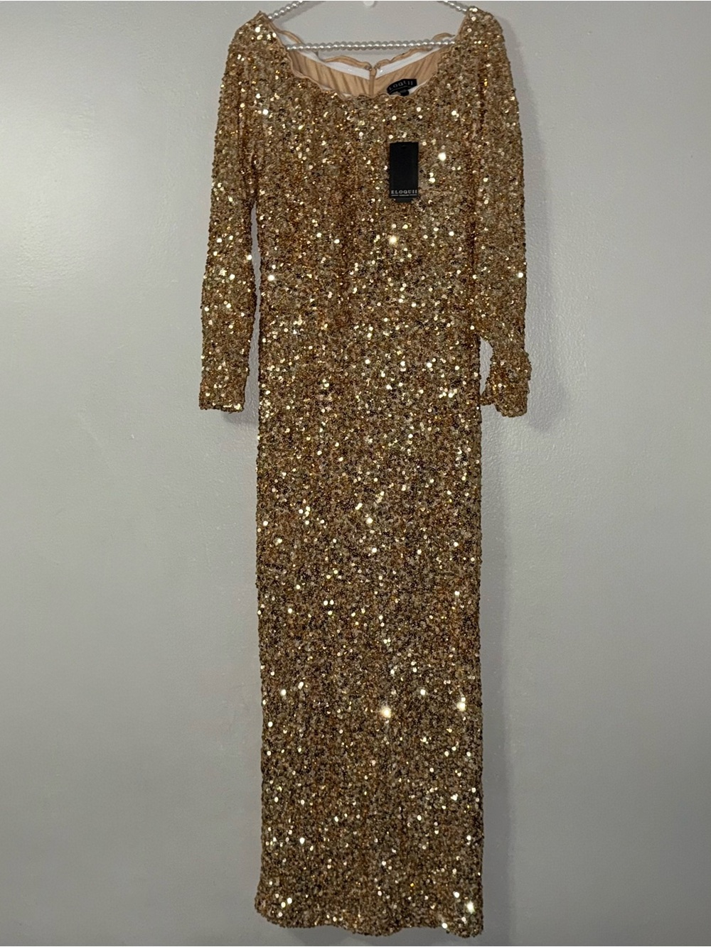 ELOQUII OFF THE SHOULDER SEQUIN COLUMN DRESS IN GOLD - Picture 2 of 12